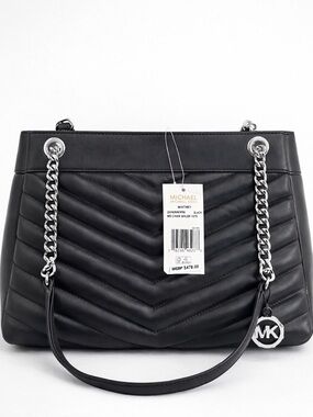 Michael Kors Whitney Quilted Chain Tote Black Leather Silver NWT